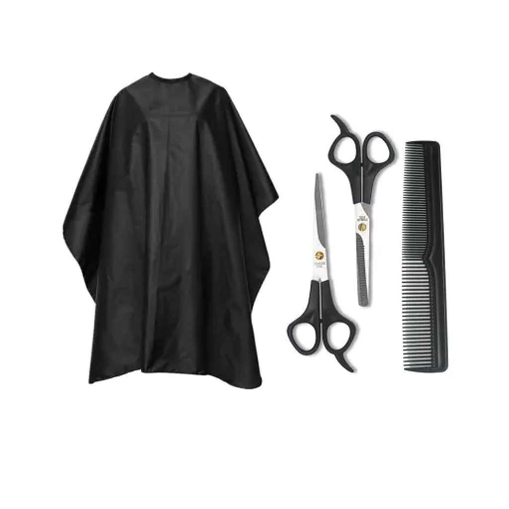 Kit de peluquería para el hogar (tijera + tijera desmechado + peine + capa de barbería)  BA3809