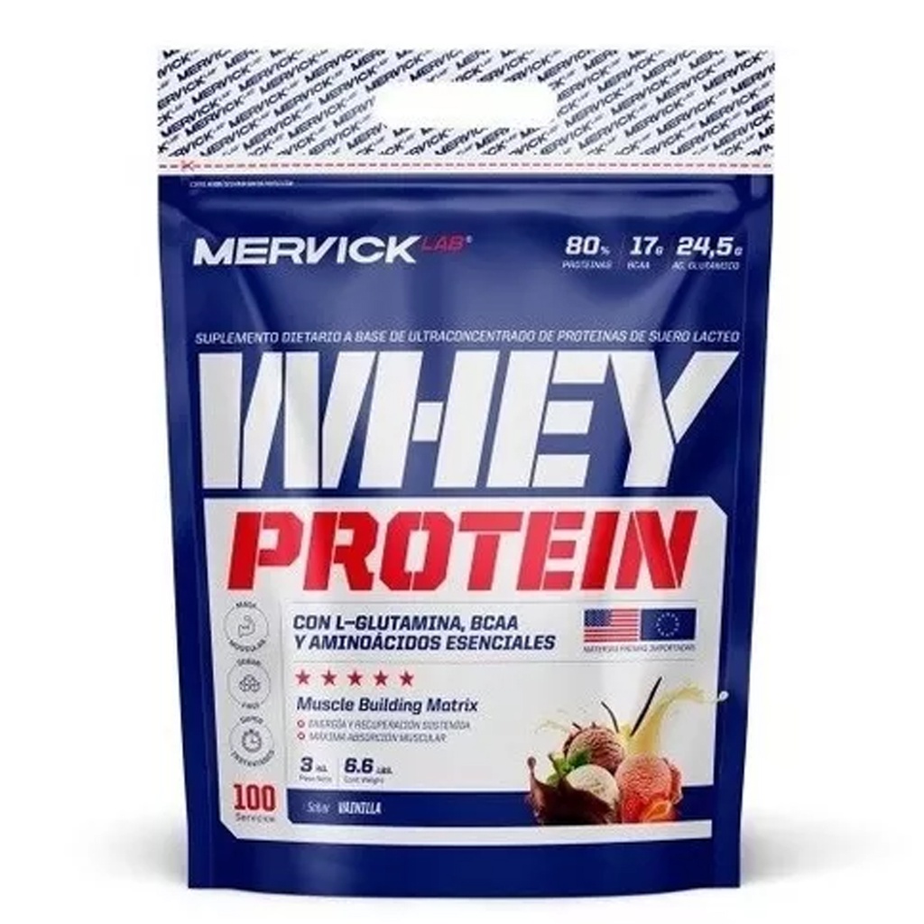 WHEY PROTEIN 3 SABORES 80% PROTEINA + BCAA + GLUTAMINA (100 DOSIS) MER95